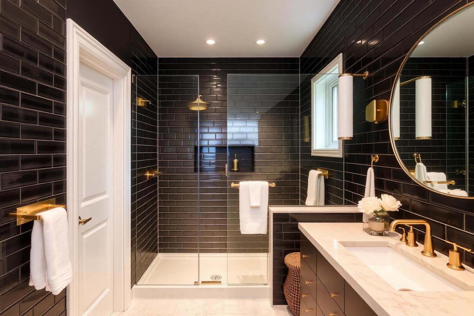 Remodeled bathroom with black subway tile and brass fixtures by Nati Home Remodeling in Dallas, TX